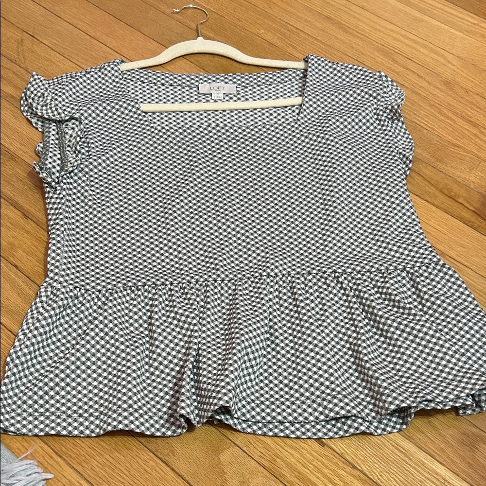 LOFT Black and White Gingham Peplum Blouse